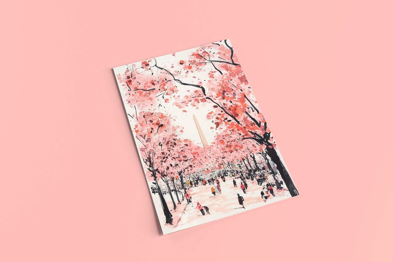 Vibrant cherry blossom art postcard with The Washington Monument, a unique Washington DC souvenir for spring lovers, cherry blossom postcard perfect for gifts or decor