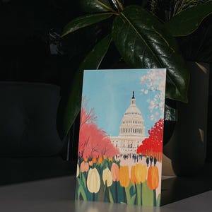 Vibrant cherry blossom art postcard with The US Capitol surrounded by flowers and cherry blossom trees, a unique Washington DC souvenir for spring lovers, cherry blossom postcard perfect for gifts or decor