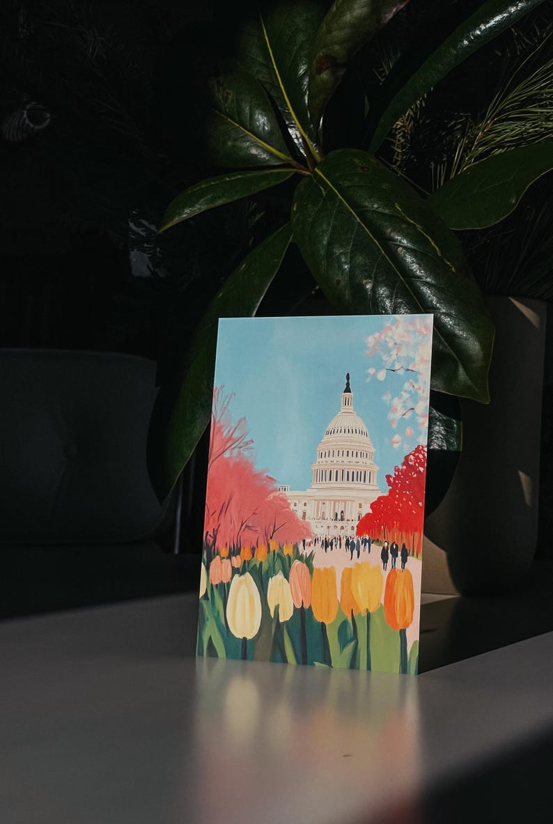 Vibrant cherry blossom art postcard with The US Capitol surrounded by flowers and cherry blossom trees, a unique Washington DC souvenir for spring lovers, cherry blossom postcard perfect for gifts or decor