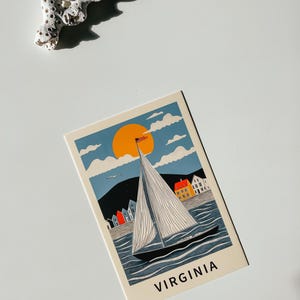 Whimsical Virginia sailboat postcard featuring a nautical watercolor illustration of a yacht on the ocean. Chesapeake Bay and Virginia Beach travel souvenir. Coastal home decor, seaside gift, sailing adventure print, and maritime art keepsake