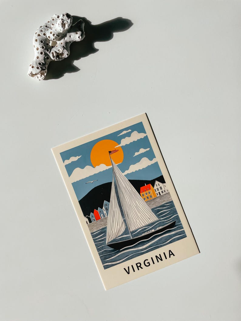 Whimsical Virginia sailboat postcard featuring a nautical watercolor illustration of a yacht on the ocean. Chesapeake Bay and Virginia Beach travel souvenir. Coastal home decor, seaside gift, sailing adventure print, and maritime art keepsake