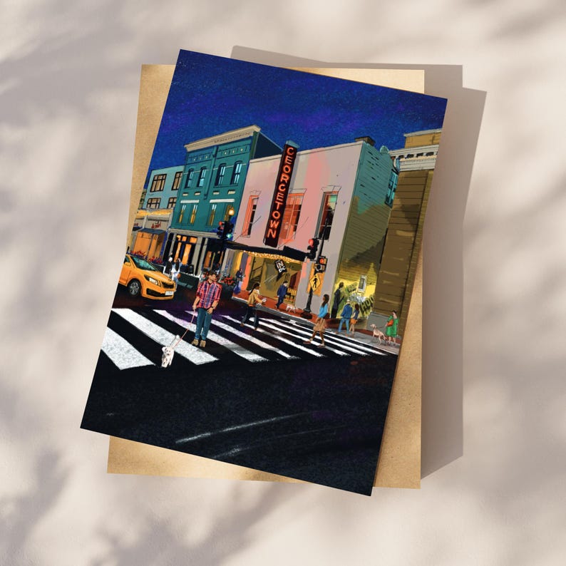 Georgetown Washington DC postcard featuring an iconic neon sign and vibrant street scene, perfect souvenir or gift for postcrossers, DC lovers, and collectors.