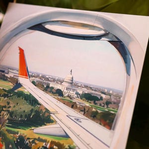 Hand-drawn Washington DC postcard featuring watercolor and ink illustration with the US Capitol Building seen from the airplane window. Elegant 4x6 postcard with watercolor-style artwork, perfect for Washington DC tourists, DC locals, collectors, post crossers, and travel souvenirs collectors.