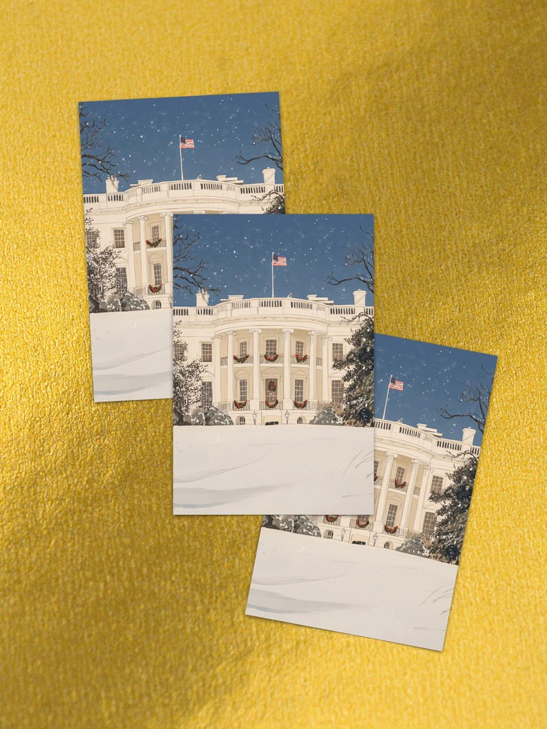 Washington DC Christmas postcard featuring a snow-dusted White House with festive Christmas decorations. Ideal for seasonal greetings, holiday souvenirs, and spreading Christmas cheer from the nation’s capital.