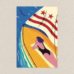 Cartão postal de Washington DC, navegando no Potomac, arte da bandeira de DC, ilustração moderna, presente e lembrança exclusivos de Washington DC, cartão postal 4x6