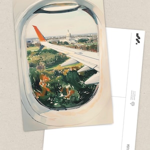 Hand-drawn Washington DC postcard featuring watercolor and ink illustration with the US Capitol Building seen from the airplane window. Elegant 4x6 postcard with watercolor-style artwork, perfect for Washington DC tourists, DC locals, collectors, post crossers, and travel souvenirs collectors.