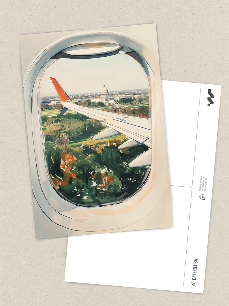 Hand-drawn Washington DC postcard featuring watercolor and ink illustration with the US Capitol Building seen from the airplane window. Elegant 4x6 postcard with watercolor-style artwork, perfect for Washington DC tourists, DC locals, collectors, post crossers, and travel souvenirs collectors.