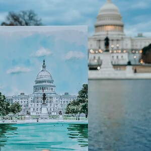 Hand-Drawn Washington DC Postcard, US Capitol Building Art, Unique Washington DC Gift And Souvenir, Modern 4x6 Illustration Postcard. Hand-drawn art, watercolor illustration, perfect gift or souvenir for postcrossers and collectors