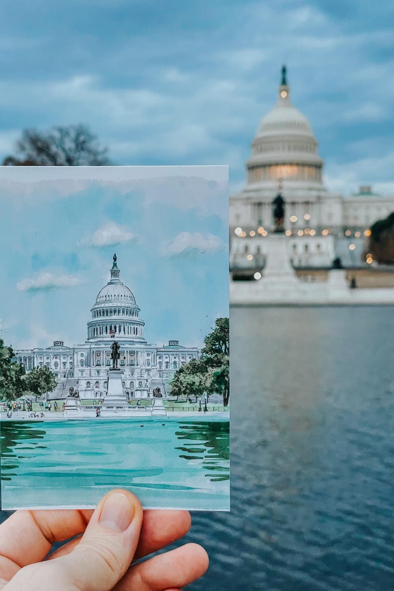 Hand-Drawn Washington DC Postcard, US Capitol Building Art, Unique Washington DC Gift And Souvenir, Modern 4x6 Illustration Postcard. Hand-drawn art, watercolor illustration, perfect gift or souvenir for postcrossers and collectors