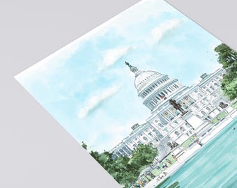 Cartão postal de Washington DC, arte do edifício do Capitólio dos EUA, cartão postal moderno 4x6, lembrança de Washington DC, ilustração desenhada à mão
