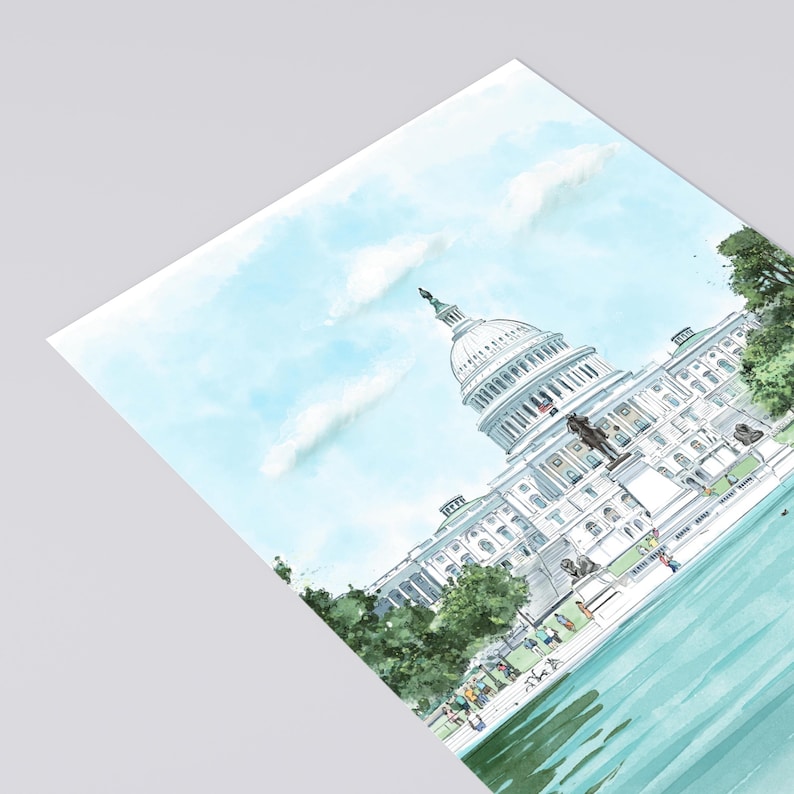 Hand-drawn Washington DC postcard featuring watercolor illustration with the US Capitol Building. Elegant 4x6 postcard with watercolor-style artwork, perfect for Washington DC tourists, DC locals, collectors, post crossers, and travel souvenirs collectors.