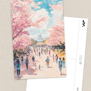Washington DC Postcard, Hand-Drawn Cherry Blossom Greeting Card