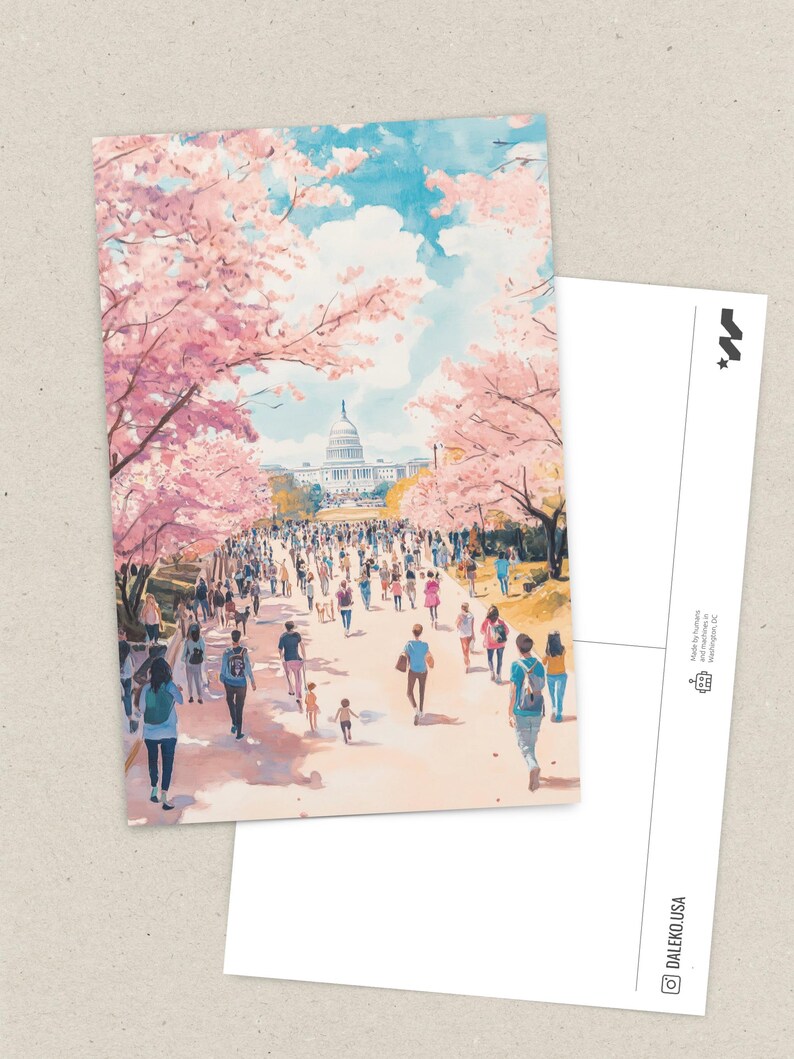 Washington DC Postcard, Hand-Drawn Cherry Blossom Greeting Card