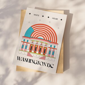Modern Washington DC postcard featuring illustration of The White House with American flag. Elegant 4x6 USA travel postcard, perfect for Washington DC tourists, DC locals, collectors, post crossers, and travel souvenirs collectors.