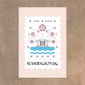Washington DC cherry blossom postcard featuring a postage stamp design with the Jefferson Memorial and Tidal Basin in peak bloom. A perfect Washington DC souvenir, travel keepsake, and unique 4x6 postcard for cherry blossom lovers and postcrossers.