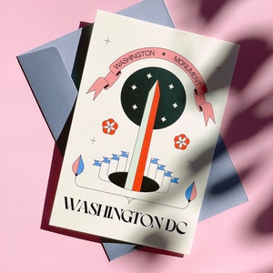 The Washington Monument postcard featuring a modern hand-drawn illustration. Elegant 4x6 postcard with National Mall artwork, perfect for collectors, postcrossing, and travel souvenirs.