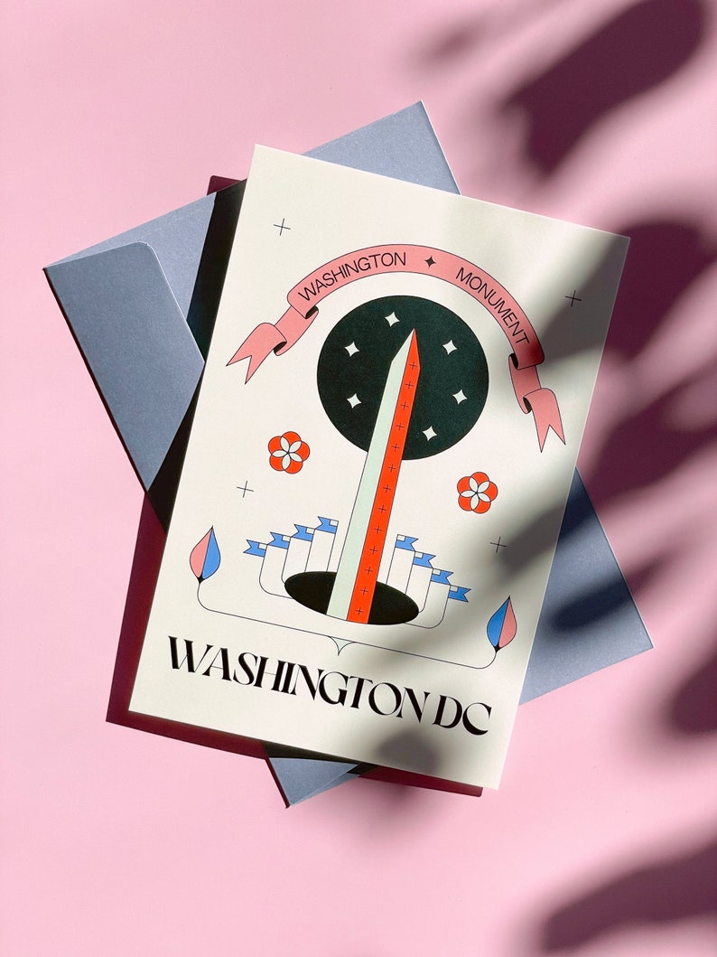 The Washington Monument postcard featuring a modern hand-drawn illustration. Elegant 4x6 postcard with National Mall artwork, perfect for collectors, postcrossing, and travel souvenirs.