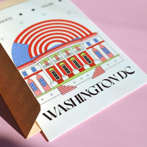 Modern Washington DC postcard featuring illustration of The White House with American flag. Elegant 4x6 USA travel postcard, perfect for Washington DC tourists, DC locals, collectors, post crossers, and travel souvenirs collectors.