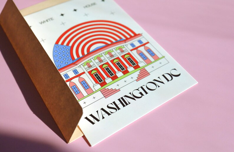 Modern Washington DC postcard featuring illustration of The White House with American flag. Elegant 4x6 USA travel postcard, perfect for Washington DC tourists, DC locals, collectors, post crossers, and travel souvenirs collectors.
