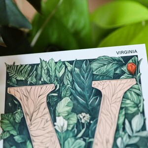 Virginia 4x6 postcard featuring the letter "V" decorated with lush green leaves and botanical details, celebrating the state's rich natural beauty. A perfect 4x6" Virginia souvenir, printed on high-quality matte cardstock for nature lovers, postcrossers, and plant enthusiasts.