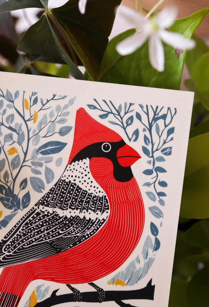 Virginia postcard featuring a state symbol — red cardinal bird. A perfect 4x6" Virginia souvenir for nature lovers, posrcrossers, snail mail lovers, bird watchers, and wildlife enthusiasts. Printed on premium matte cardstock, capturing the serene beauty of Virginia’s waterways. Wonderful watercolor postcard for mailing.