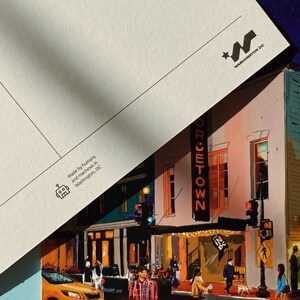 Georgetown Washington DC postcard featuring an iconic neon sign and vibrant street scene, perfect souvenir or gift for postcrossers, DC lovers, and collectors.