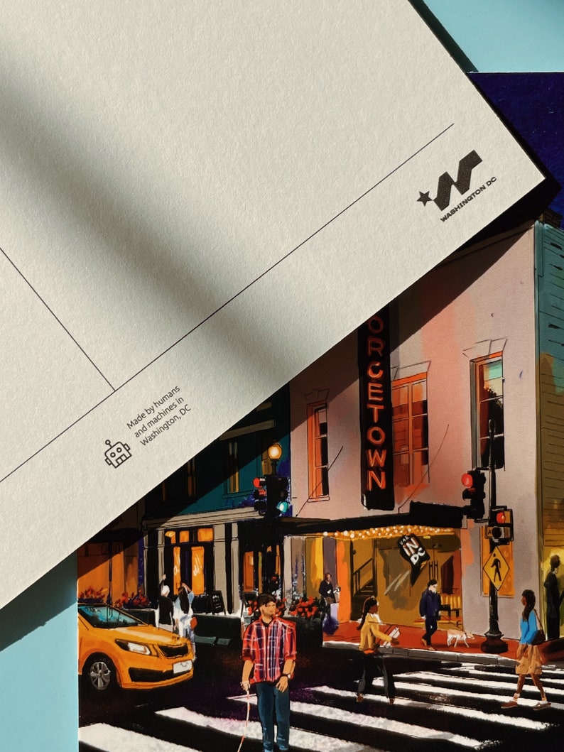 Georgetown Washington DC postcard featuring an iconic neon sign and vibrant street scene, perfect souvenir or gift for postcrossers, DC lovers, and collectors.