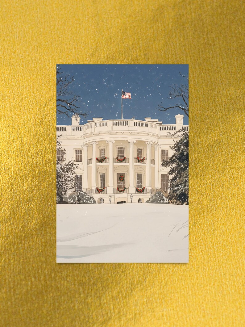 Washington DC Christmas postcard featuring a festive gouache illustration of the White House covered in snow and decorated for the holidays. A perfect DC winter souvenir, holiday greeting card, or collectible art print for Christmas decor lovers, Washington DC travelers, White House history buffs, and postcard collectors. Printed on premium 4x6 matte cardstock with high-resolution festive artwork. Designed and made in the USA.