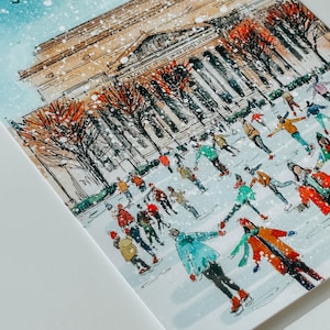 Carte postale de Noël à Washington DC, patinage sur glace au jardin de sculptures de la National Gallery, carte de vœux d'hiver DC, souvenir enneigé de DC, carte postale 4 x 6