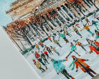 Cartão postal de Natal de Washington DC, patinação no gelo no Jardim de Esculturas da Galeria Nacional, cartão de Natal de inverno em DC, lembrança de DC com neve, cartão postal 4x6