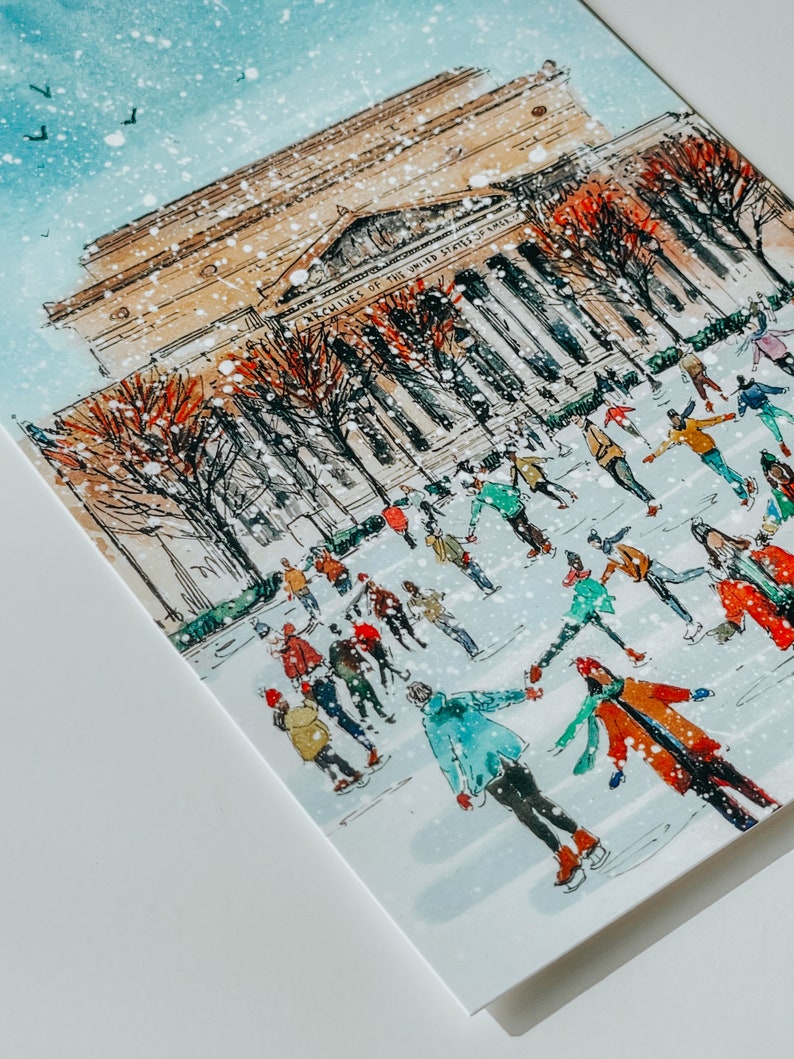 Washington DC Christmas postcard featuring a festive illustration of ice skaters at the National Gallery Sculpture Garden Ice Rink with snowy trees and holiday lights. Perfect DC holiday souvenir, Christmas greeting card, winter travel keepsake, or New Year postcard. Printed on luxe 4x6 matte cardstock, locally made in Washington DC & Virginia. Great for holiday decor lovers, DC travelers, and postcard collectors.