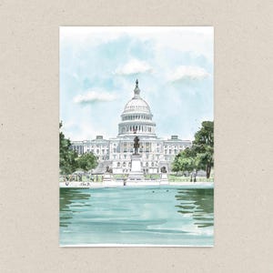 Hand-drawn Washington DC postcard featuring the US Capitol Building. Elegant 4x6 postcard with watercolor-style artwork, perfect for collectors, postcrossing, and travel souvenirs.