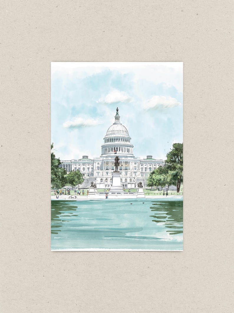 Hand-drawn Washington DC postcard featuring the US Capitol Building. Elegant 4x6 postcard with watercolor-style artwork, perfect for collectors, postcrossing, and travel souvenirs.