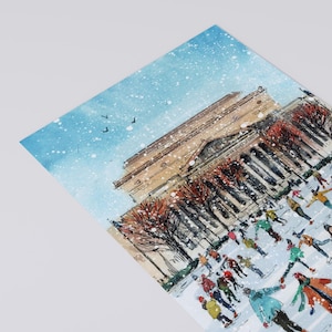 Washington DC Christmas postcard featuring a festive illustration of ice skaters at the National Gallery Sculpture Garden Ice Rink with snowy trees and holiday lights. Perfect DC holiday souvenir, Christmas greeting card, winter travel keepsake, or New Year postcard. Printed on luxe 4x6 matte cardstock, locally made in Washington DC & Virginia. Great for holiday decor lovers, DC travelers, and postcard collectors.