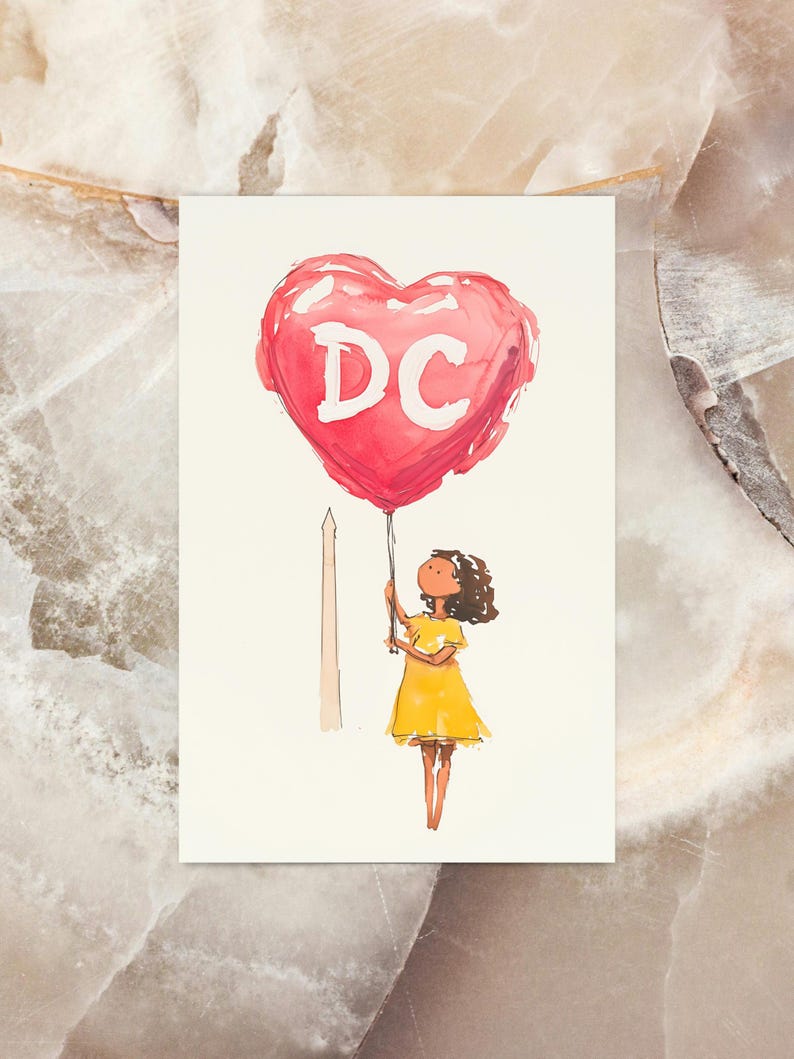 Watercolor illustration of a girl holding a red heart-shaped balloon with "DC" written on it, standing near The Washington Monument. The charming postcard captures the spirit of Washington, DC, with a dreamy, whimsical touch. Perfect for DC lovers, travel enthusiasts, and postcard collectors, this 4x6 design makes a unique souvenir or gift. Printed on premium cardstock with a matte finish, it’s ideal for mailing, framing, or adding to your collection.