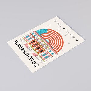 Modern Washington DC postcard featuring illustration of The White House with American flag. Elegant 4x6 USA travel postcard, perfect for Washington DC tourists, DC locals, collectors, post crossers, and travel souvenirs collectors.