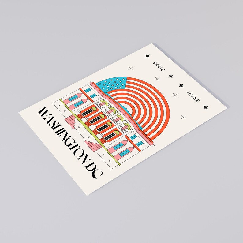 Modern Washington DC postcard featuring illustration of The White House with American flag. Elegant 4x6 USA travel postcard, perfect for Washington DC tourists, DC locals, collectors, post crossers, and travel souvenirs collectors.