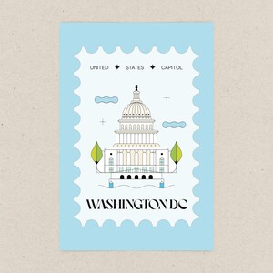 Modern minimalist Washington DC postcard featuring a postage stamp-inspired illustration of the US Capitol on a sky-blue background. A stylish and unique travel souvenir, political art print, or collector’s item. High-quality 4x6 postcard, perfect for sending or displaying