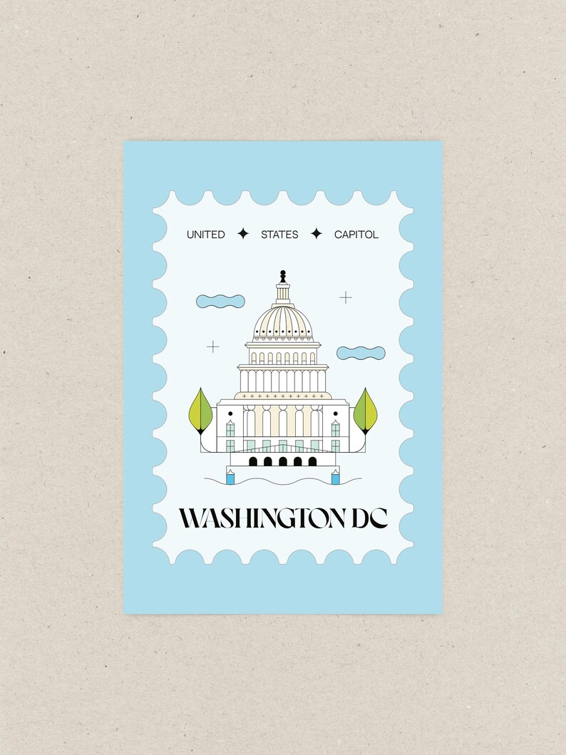 Modern minimalist Washington DC postcard featuring a postage stamp-inspired illustration of the US Capitol on a sky-blue background. A stylish and unique travel souvenir, political art print, or collector’s item. High-quality 4x6 postcard, perfect for sending or displaying