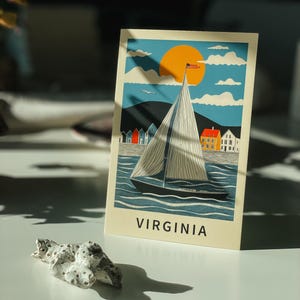 Whimsical Virginia sailboat postcard featuring a nautical watercolor illustration of a yacht on the ocean. Chesapeake Bay and Virginia Beach travel souvenir. Coastal home decor, seaside gift, sailing adventure print, and maritime art keepsake