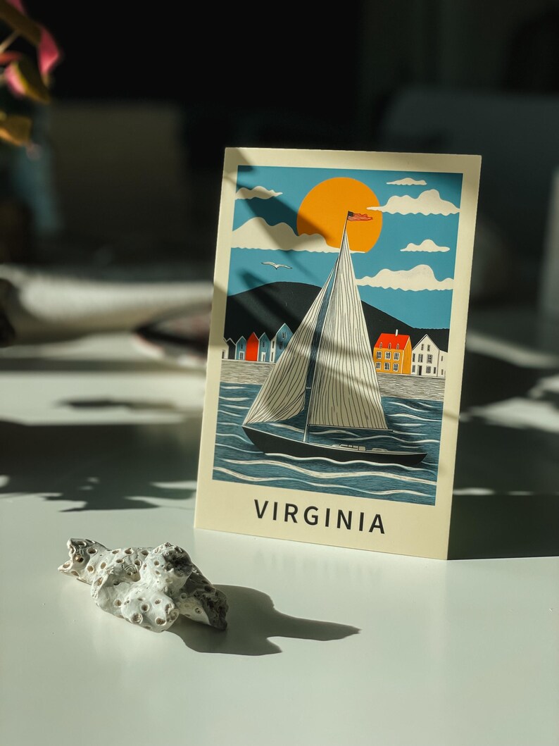 Whimsical Virginia sailboat postcard featuring a nautical watercolor illustration of a yacht on the ocean. Chesapeake Bay and Virginia Beach travel souvenir. Coastal home decor, seaside gift, sailing adventure print, and maritime art keepsake