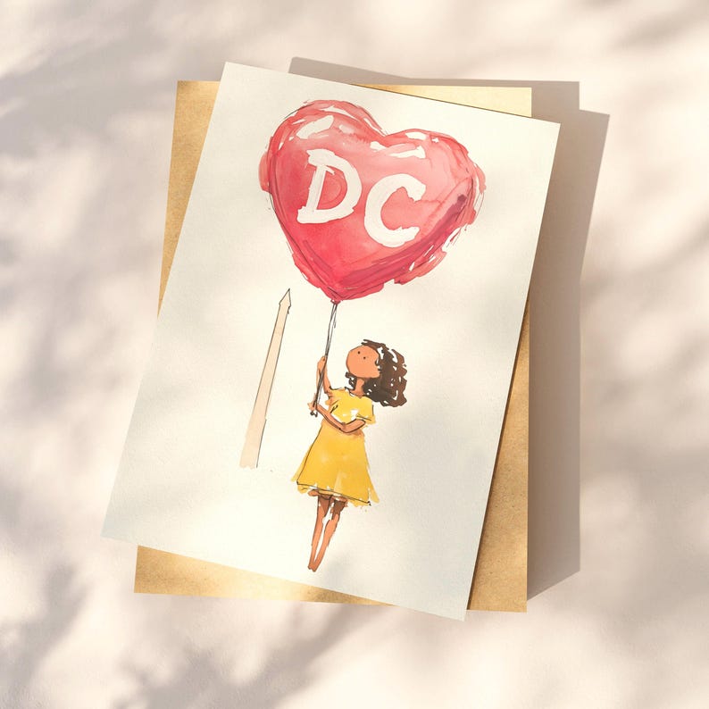 Watercolor illustration of a girl holding a red heart-shaped balloon with "DC" written on it, standing near The Washington Monument. The charming postcard captures the spirit of Washington, DC, with a dreamy, whimsical touch. Perfect for DC lovers, travel enthusiasts, and postcard collectors, this 4x6 design makes a unique souvenir or gift. Printed on premium cardstock with a matte finish, it’s ideal for mailing, framing, or adding to your collection.