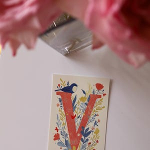 Virginia postcard featuring the letter "V" decorated with delicate floral patterns and charming birds. A 4x6" nature-inspired Virginia souvenir, printed on premium matte cardstock, celebrating the state's natural beauty and wildlife.