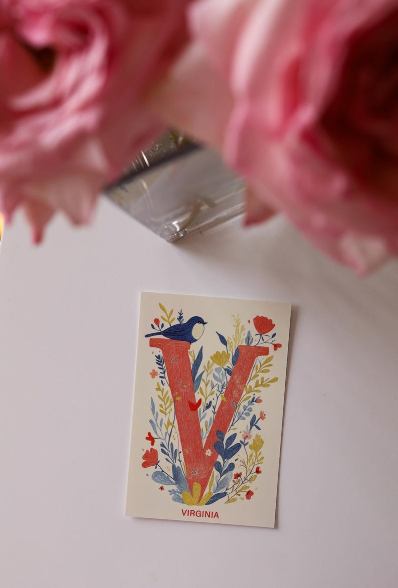 Virginia postcard featuring the letter "V" decorated with delicate floral patterns and charming birds. A 4x6" nature-inspired Virginia souvenir, printed on premium matte cardstock, celebrating the state's natural beauty and wildlife.