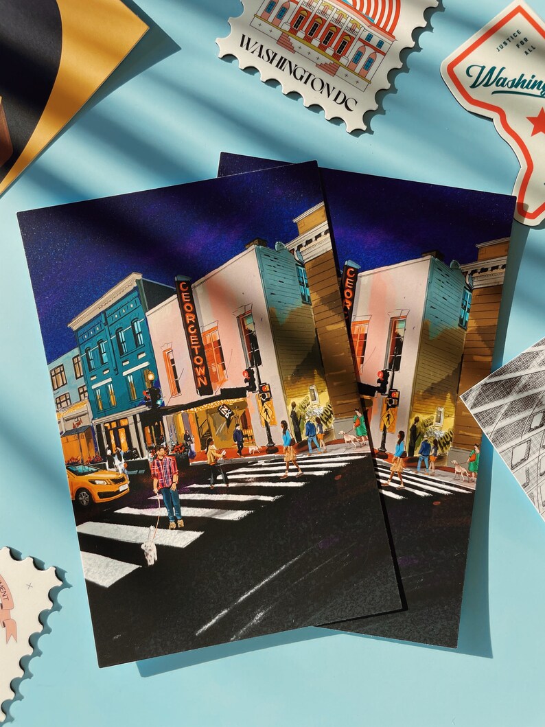 Georgetown Washington DC postcard featuring an iconic neon sign and vibrant street scene, perfect souvenir or gift for postcrossers, DC lovers, and collectors.