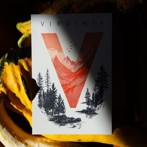 Virginia postcard featuring the letter "V" artistically intertwined with lush forests and majestic mountain peaks. A perfect 4x6" Virginia souvenir celebrating the state’s natural beauty. Printed on premium matte cardstock, ideal for nature lovers, hikers, and adventure seekers.