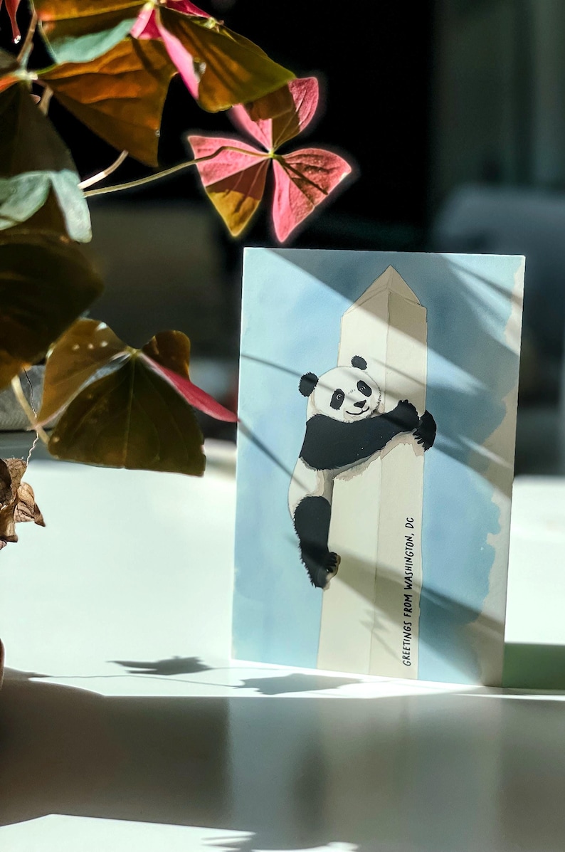 Washington DC postcard featuring a whimsical illustration of a giant panda climbing The Washington Monument. A fun and charming souvenir celebrating the return of pandas to DC. Perfect gift for panda lovers, Washingtonians and Washington, DC enthusiasts!
