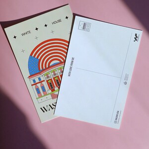 Modern Washington DC postcard featuring illustration of The White House with American flag. Elegant 4x6 USA travel postcard, perfect for Washington DC tourists, DC locals, collectors, post crossers, and travel souvenirs collectors.