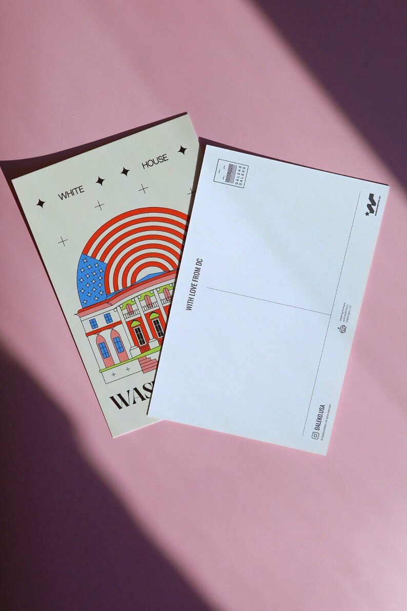 Modern Washington DC postcard featuring illustration of The White House with American flag. Elegant 4x6 USA travel postcard, perfect for Washington DC tourists, DC locals, collectors, post crossers, and travel souvenirs collectors.