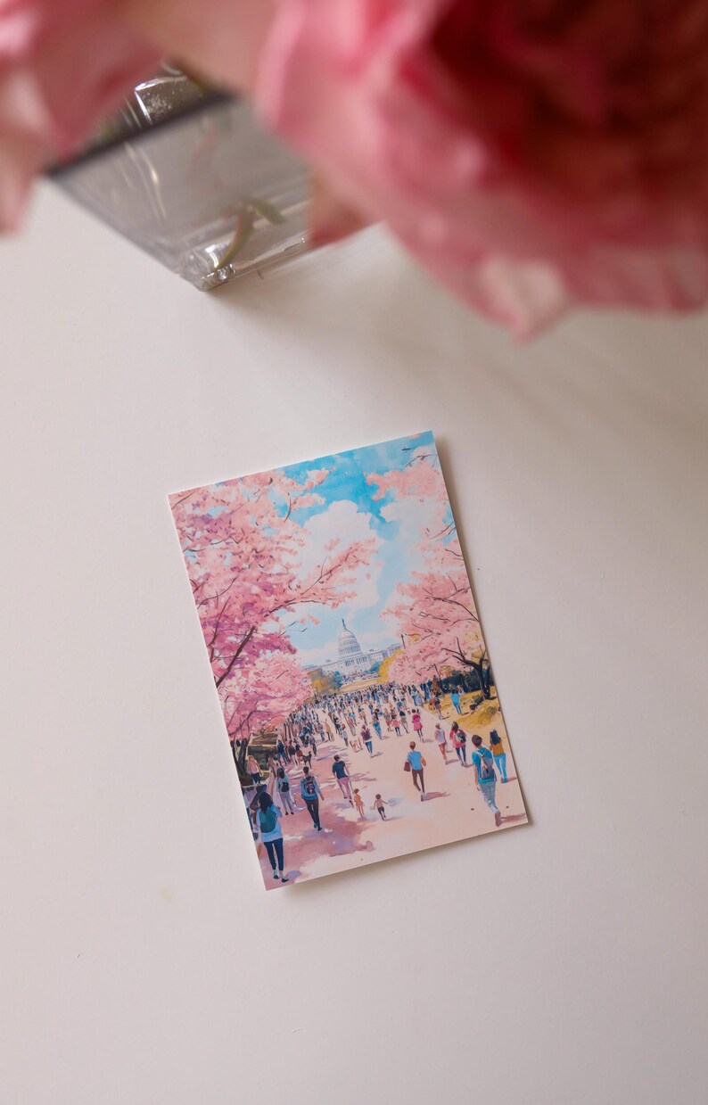 Washington DC Postcard, Hand-Drawn Cherry Blossom Greeting Card